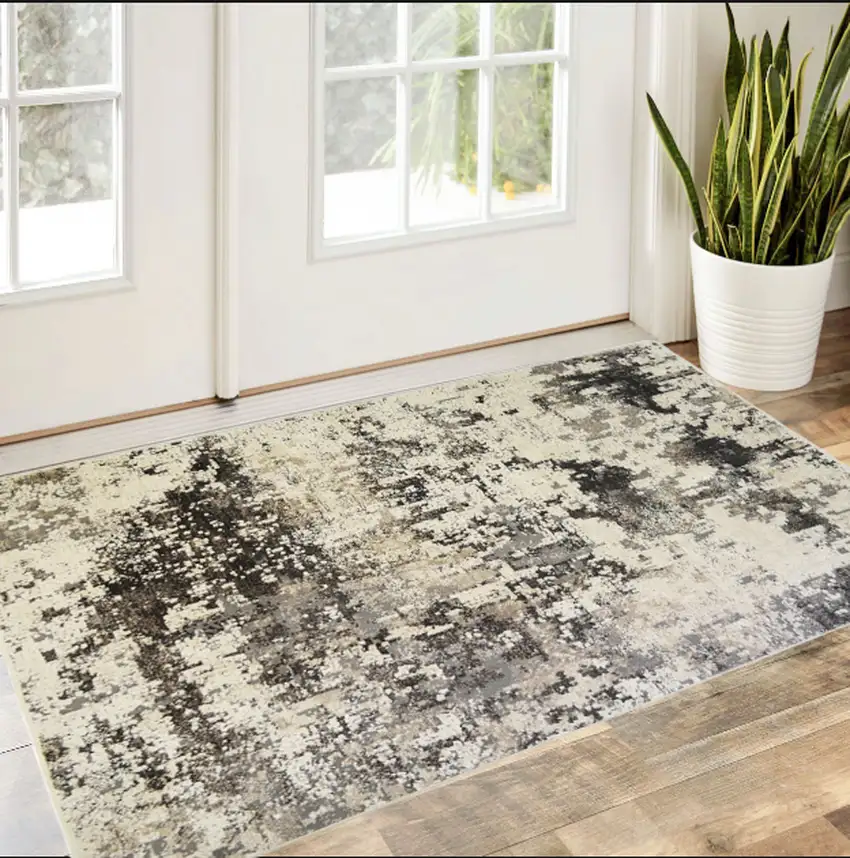 Black Abstract Distressed Area Rug With Fringe Photo 1