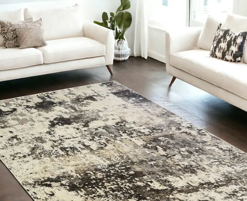 Black Abstract Distressed Area Rug With Fringe Photo 1