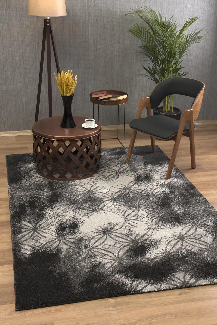 Black Abstract Power Loom Stain Resistant Area Rug Photo 8