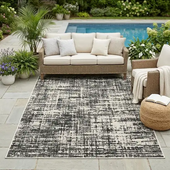 Beige and Black Abstract Stain Resistant Indoor Outdoor Area Rug Photo 1