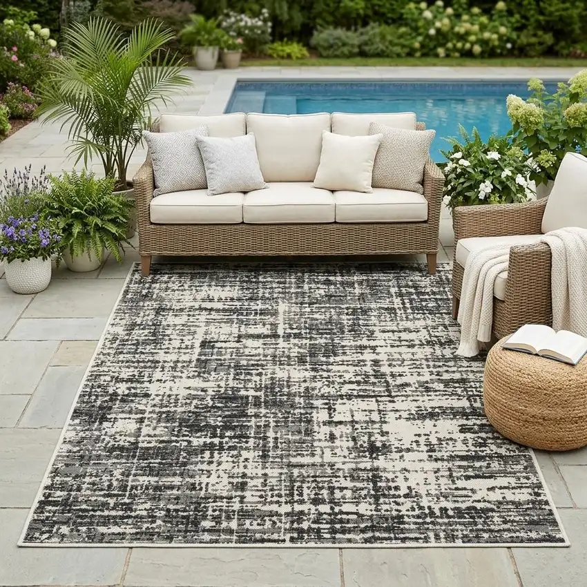 Beige and Black Abstract Stain Resistant Indoor Outdoor Area Rug Photo 1
