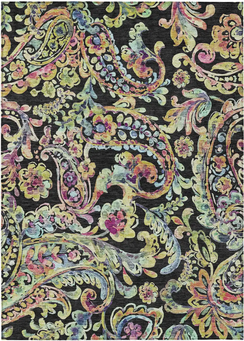 Black And Artichoke Green Paisley Washable Indoor Outdoor Area Rug Photo 2