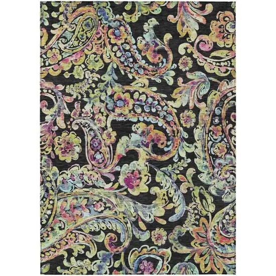 Black And Artichoke Green Paisley Washable Indoor Outdoor Area Rug Photo 2