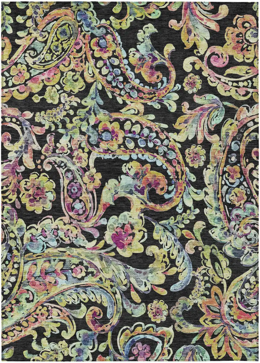Black And Artichoke Green Paisley Washable Indoor Outdoor Area Rug Photo 2