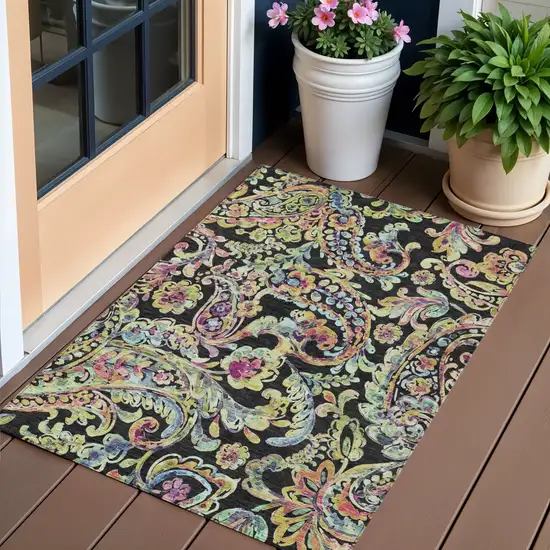 Black And Artichoke Green Paisley Washable Indoor Outdoor Area Rug Photo 1