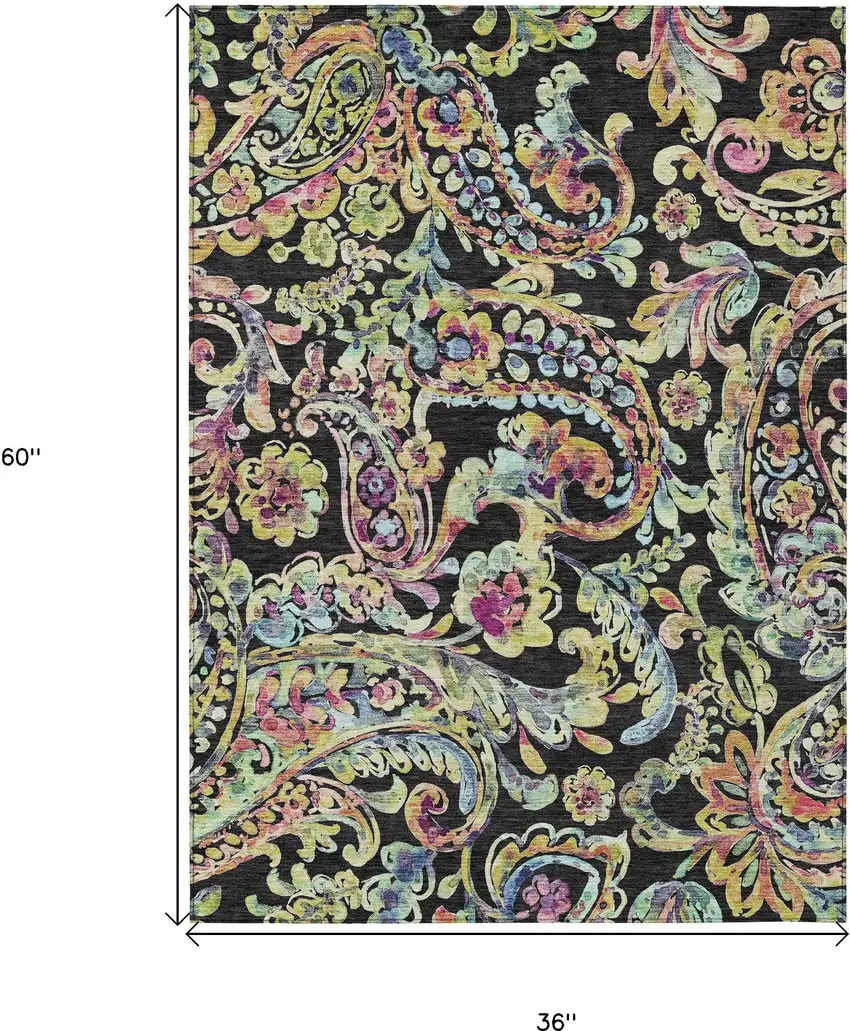 Black And Artichoke Green Paisley Washable Indoor Outdoor Area Rug Photo 3