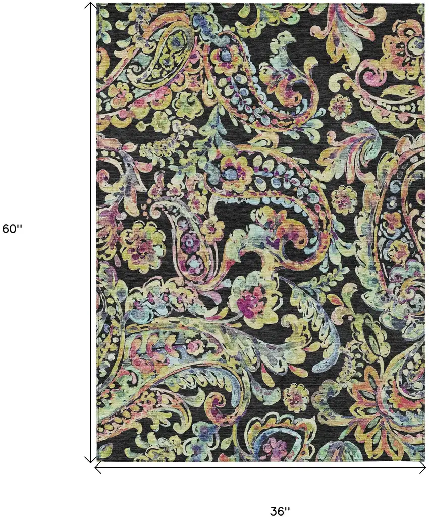 Black And Artichoke Green Paisley Washable Indoor Outdoor Area Rug Photo 3
