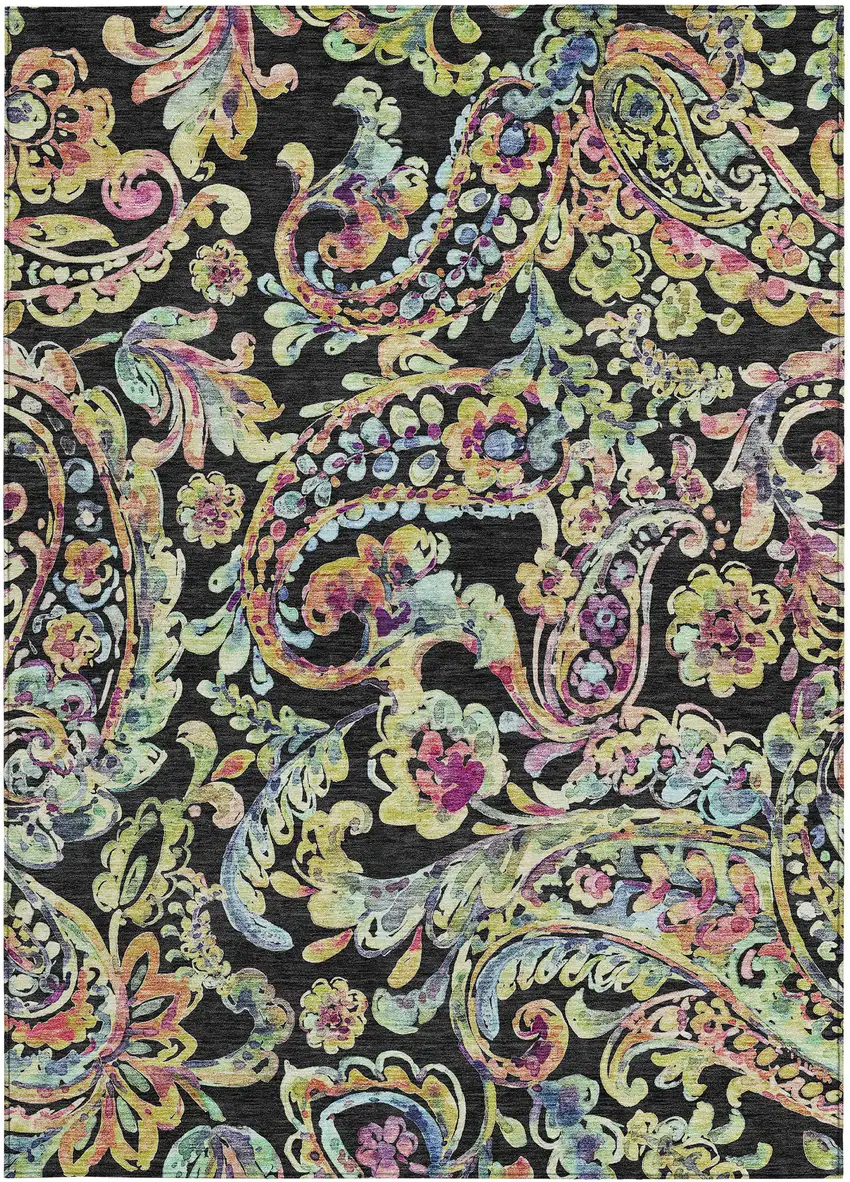 Black And Artichoke Green Paisley Washable Indoor Outdoor Area Rug Photo 7