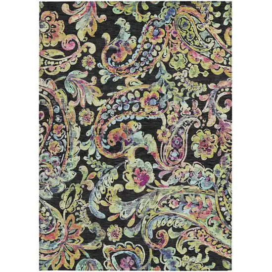 Black And Artichoke Green Paisley Washable Indoor Outdoor Area Rug Photo 7