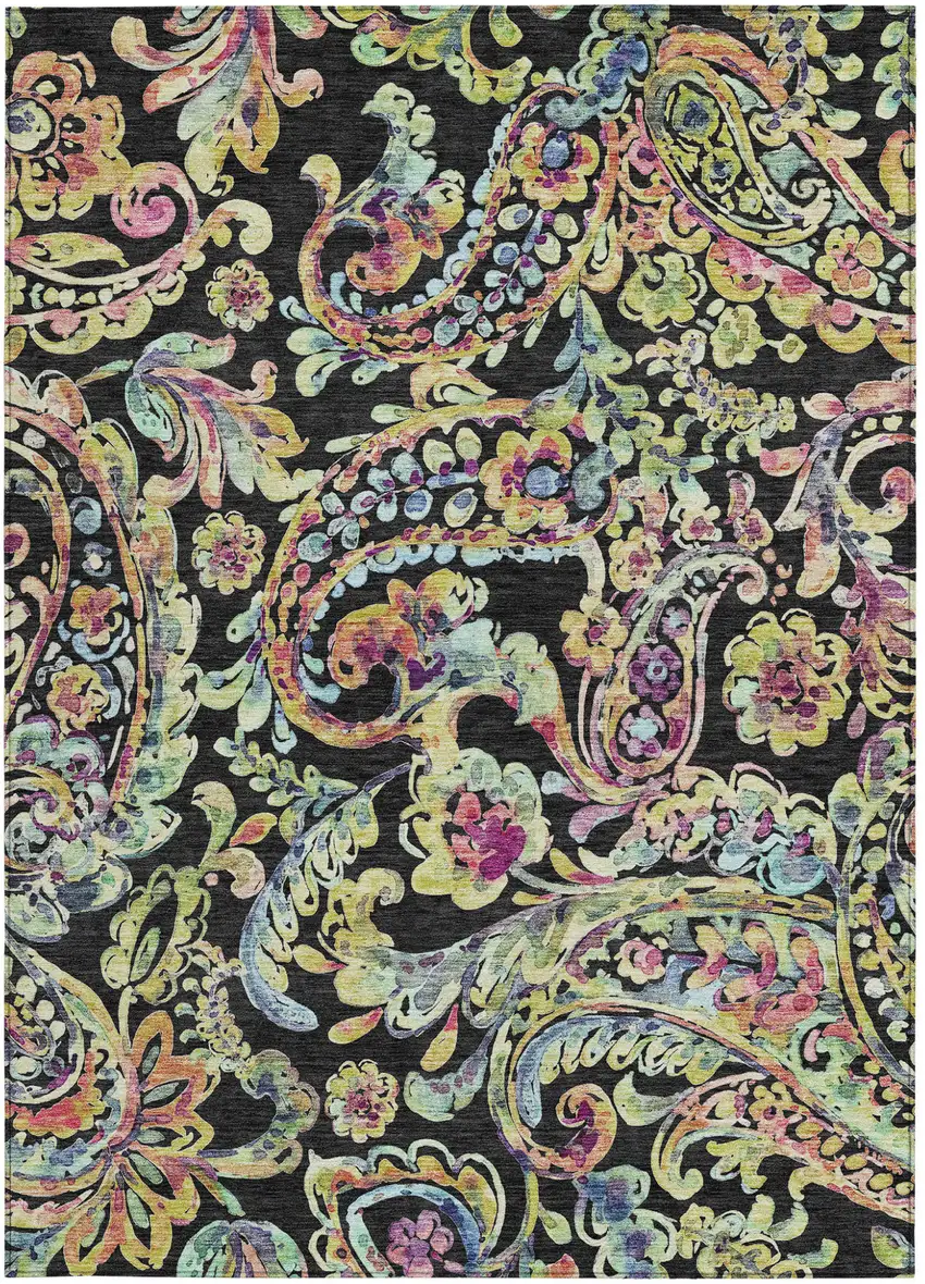 Black And Artichoke Green Paisley Washable Indoor Outdoor Area Rug Photo 7