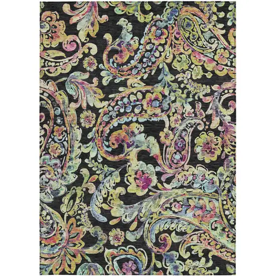 Black And Artichoke Green Paisley Washable Indoor Outdoor Area Rug Photo 7