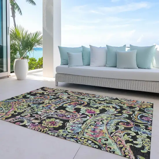 Black And Artichoke Green Paisley Washable Indoor Outdoor Area Rug Photo 8