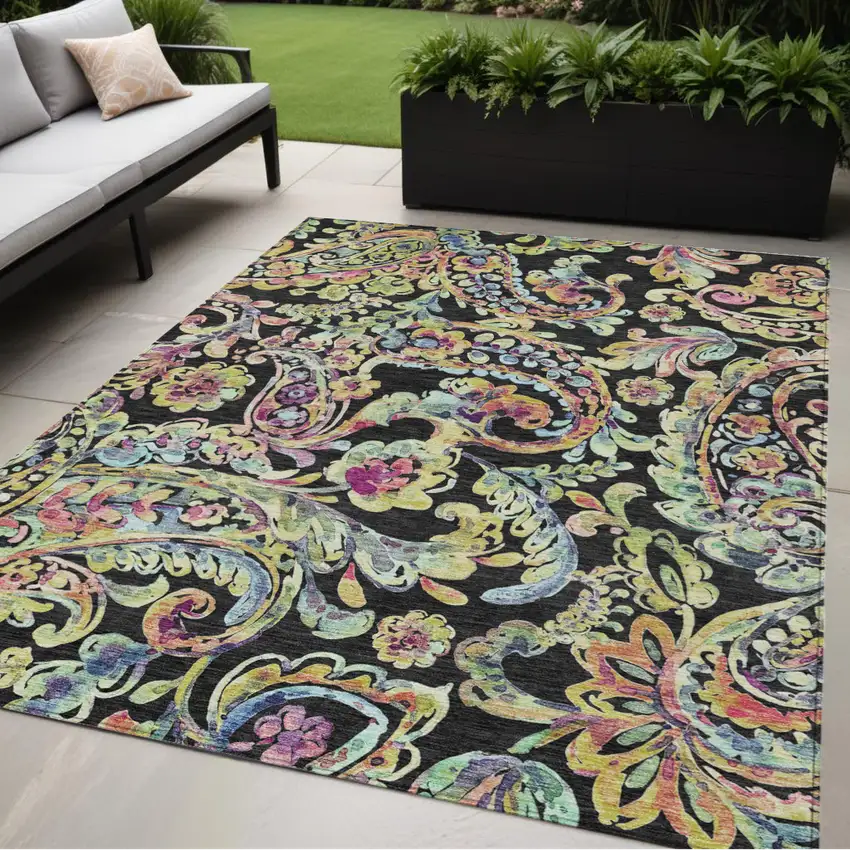 Black And Artichoke Green Paisley Washable Indoor Outdoor Area Rug Photo 1