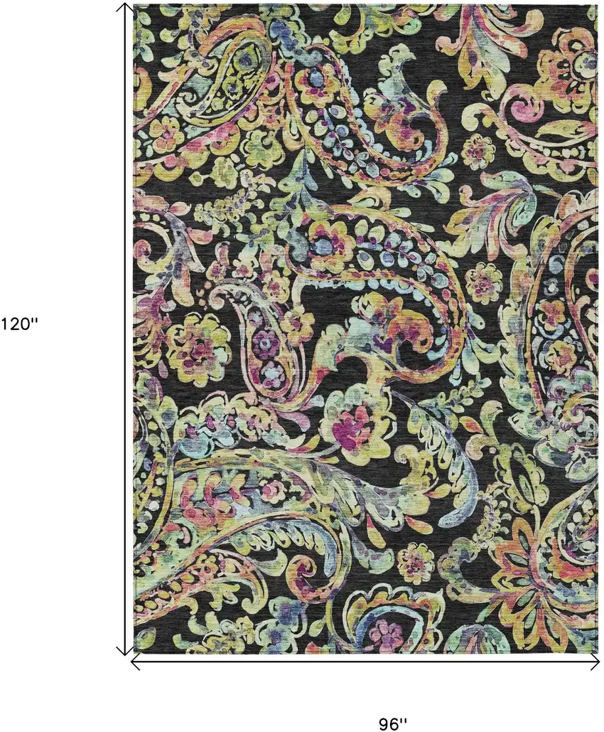 Black And Artichoke Green Paisley Washable Indoor Outdoor Area Rug Photo 3