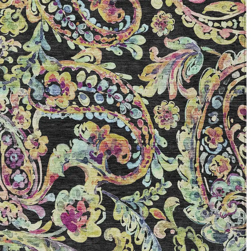 Black And Artichoke Green Paisley Washable Indoor Outdoor Area Rug Photo 6