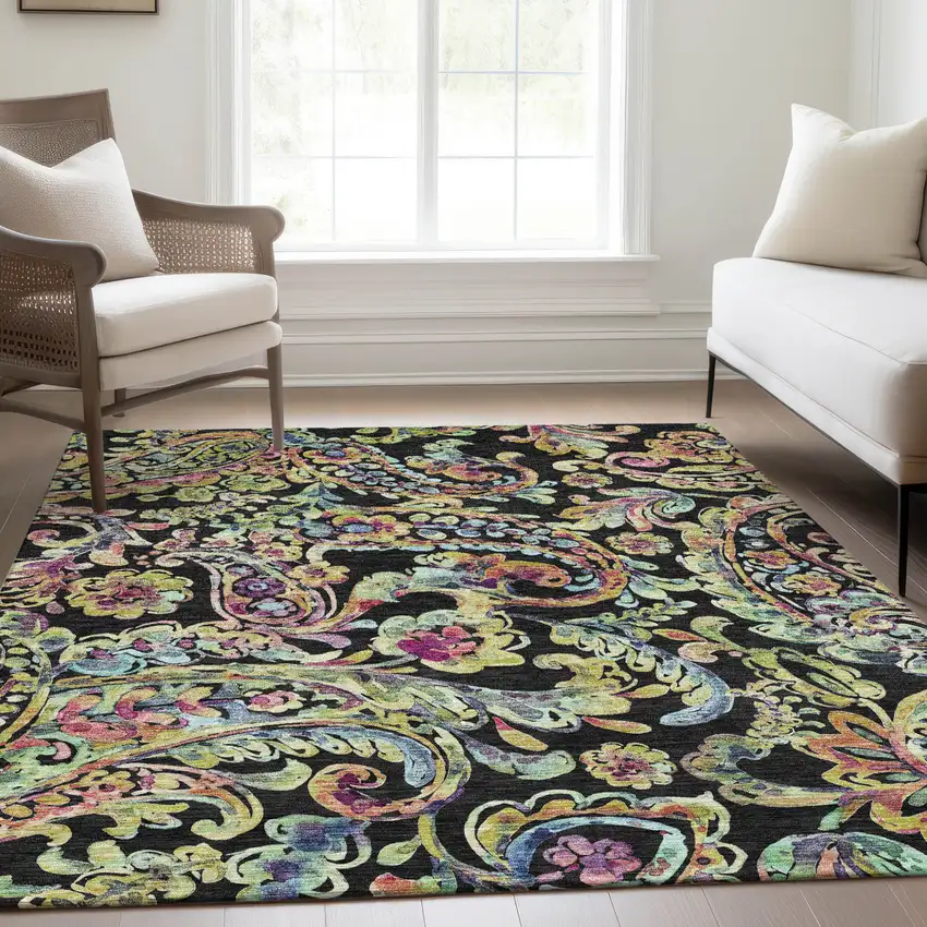 Black And Artichoke Green Paisley Washable Indoor Outdoor Area Rug Photo 9