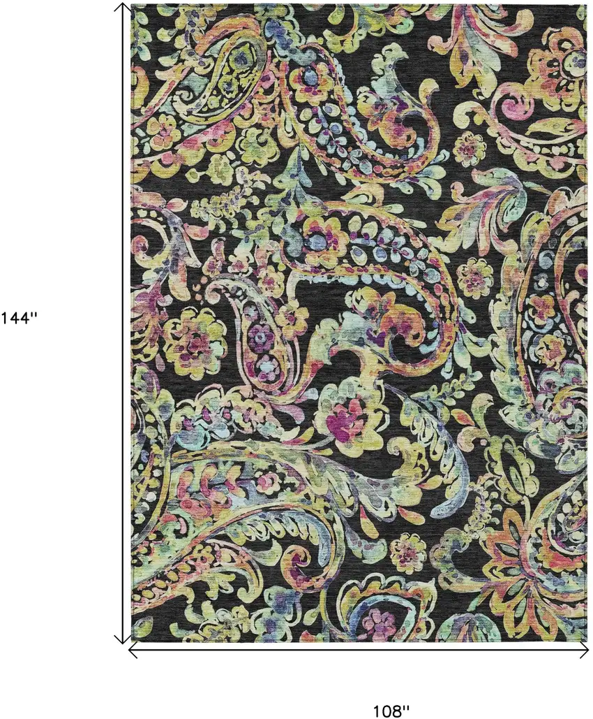 Black And Artichoke Green Paisley Washable Indoor Outdoor Area Rug Photo 3