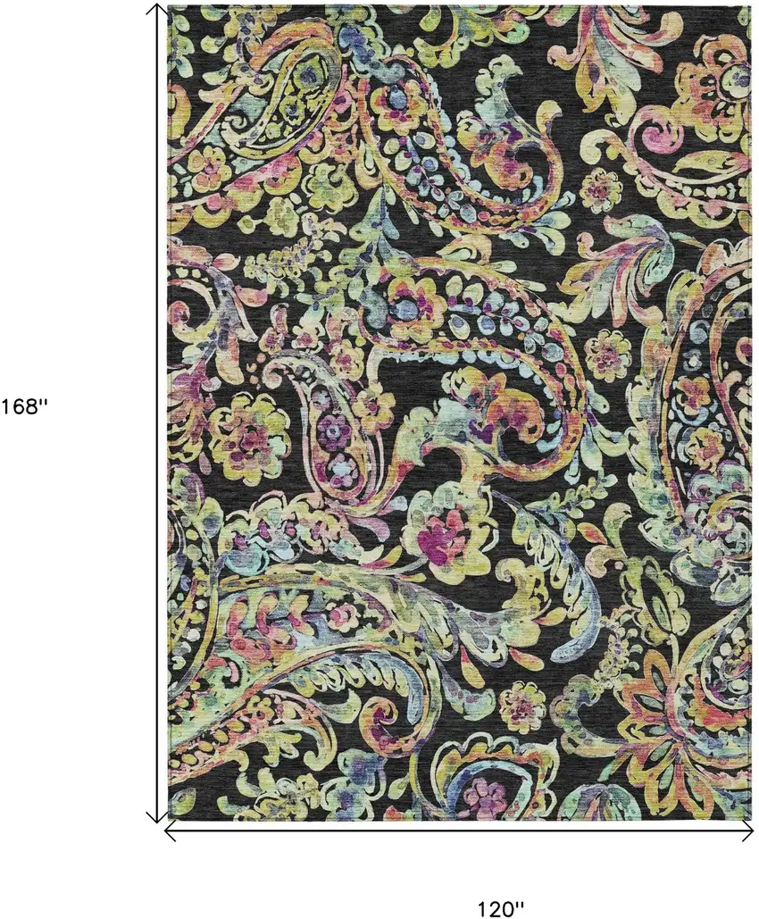 Black And Artichoke Green Paisley Washable Indoor Outdoor Area Rug Photo 3