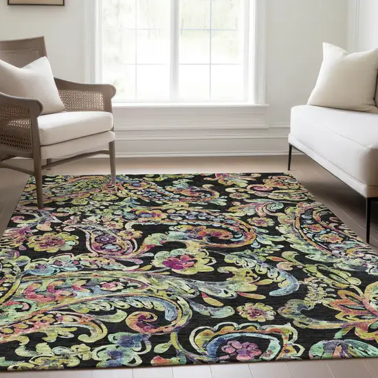 Black And Artichoke Green Paisley Washable Indoor Outdoor Area Rug Photo 9