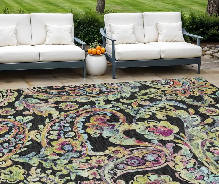 Black And Artichoke Green Paisley Washable Indoor Outdoor Area Rug Photo 1