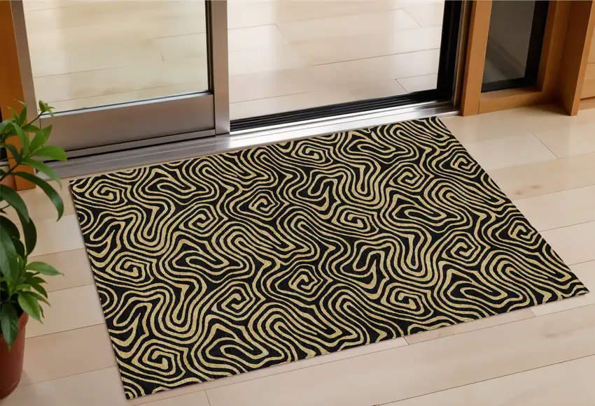 Black And Beige Abstract Washable Indoor Outdoor Area Rug Photo 1