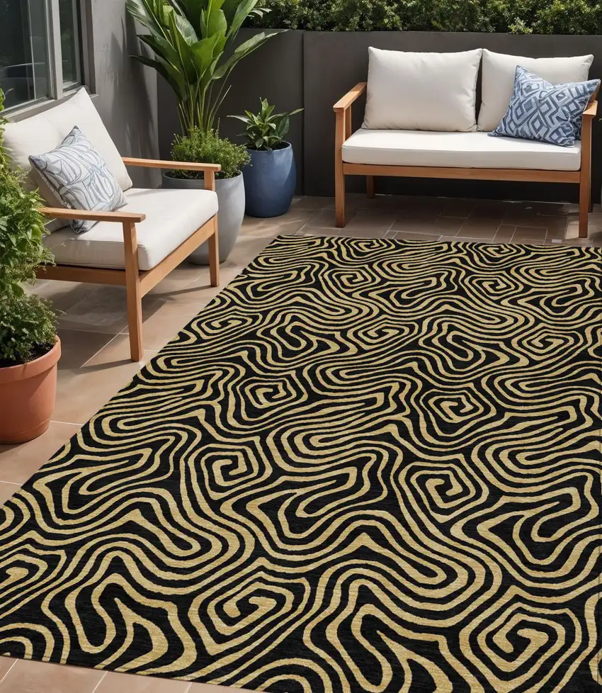 Black And Beige Abstract Washable Indoor Outdoor Area Rug Photo 1