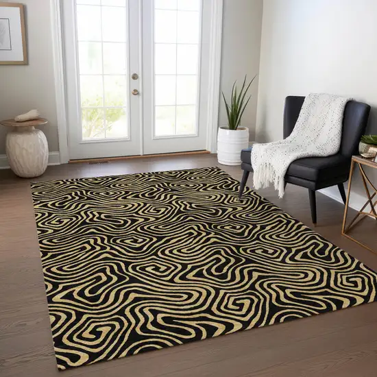 Black And Beige Abstract Washable Indoor Outdoor Area Rug Photo 9