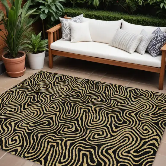 Black And Beige Abstract Washable Indoor Outdoor Area Rug Photo 1