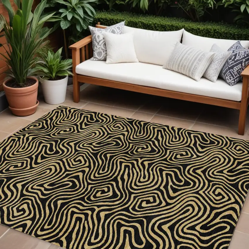Black And Beige Abstract Washable Indoor Outdoor Area Rug Photo 1