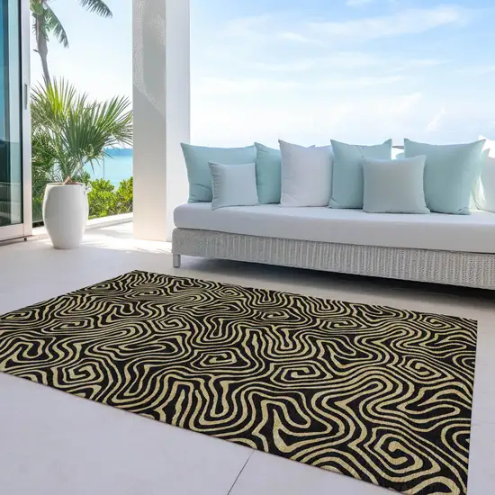 Black And Beige Abstract Washable Indoor Outdoor Area Rug Photo 9