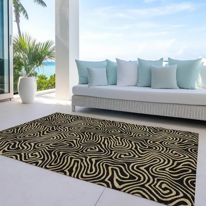 Black And Beige Abstract Washable Indoor Outdoor Area Rug Photo 9