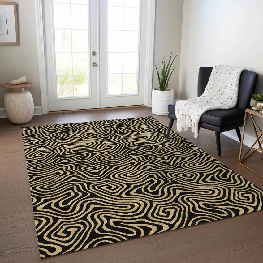 Black And Beige Abstract Washable Indoor Outdoor Area Rug Photo 7