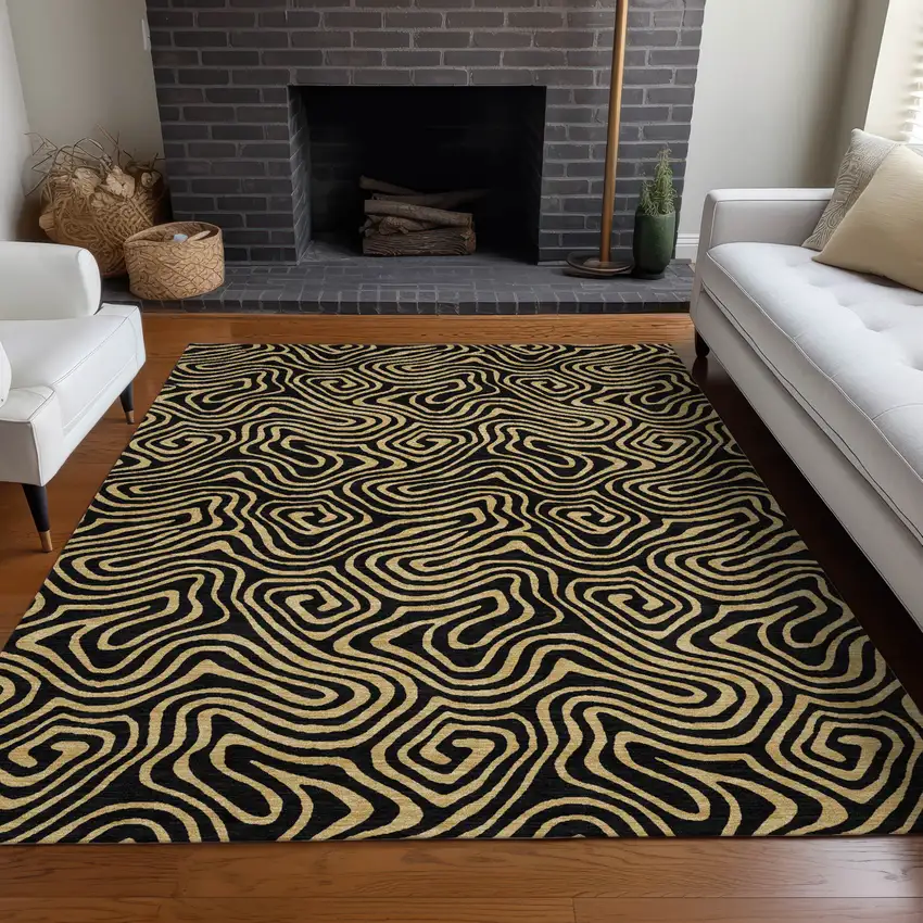 Black And Beige Abstract Washable Indoor Outdoor Area Rug Photo 8