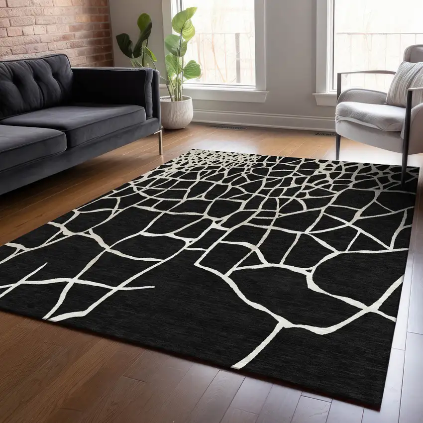 Black And Beige Abstract Washable Indoor Outdoor Area Rug Photo 8