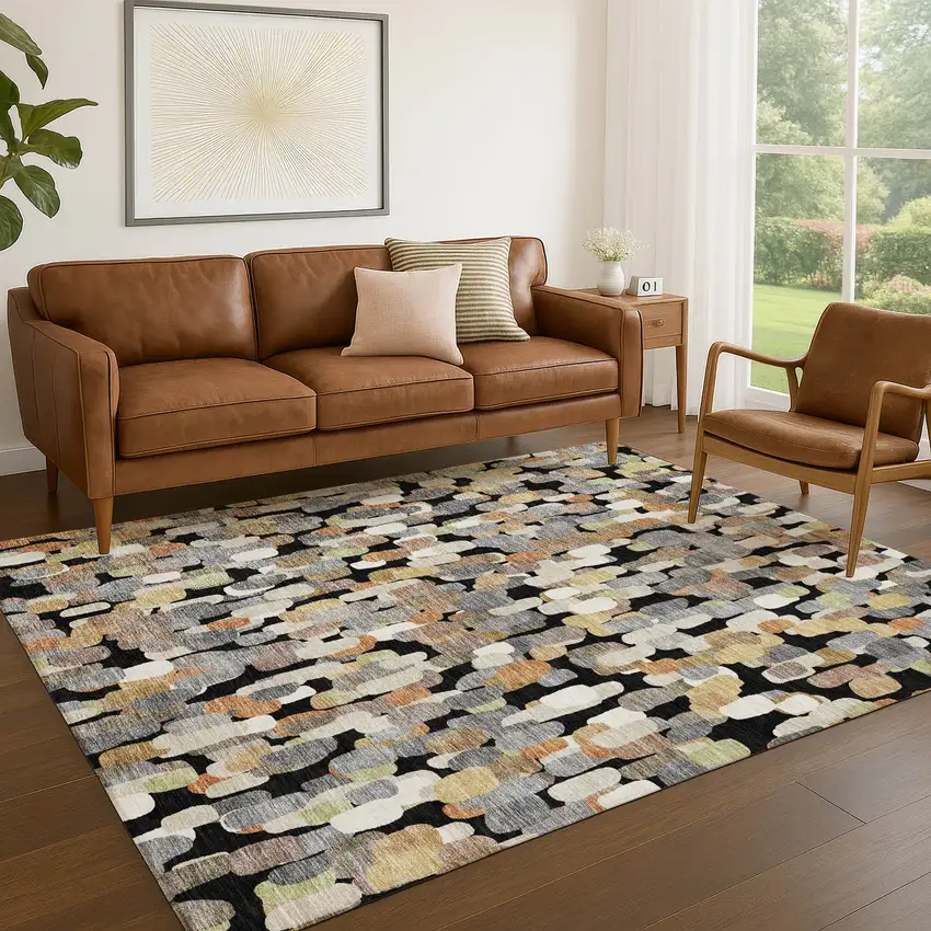 Black And Beige Abstract Washable Indoor Outdoor Area Rug Photo 5