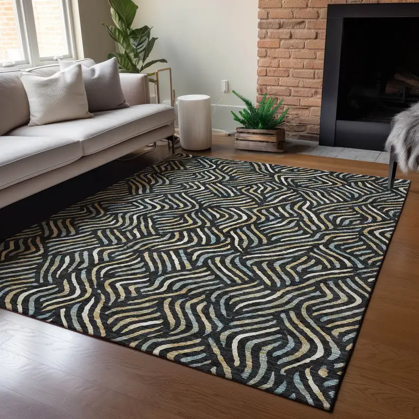 Black And Beige Abstract Washable Indoor Outdoor Area Rug Photo 5