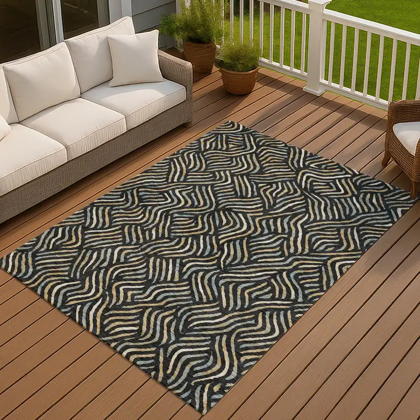 Black And Beige Abstract Washable Indoor Outdoor Area Rug Photo 7