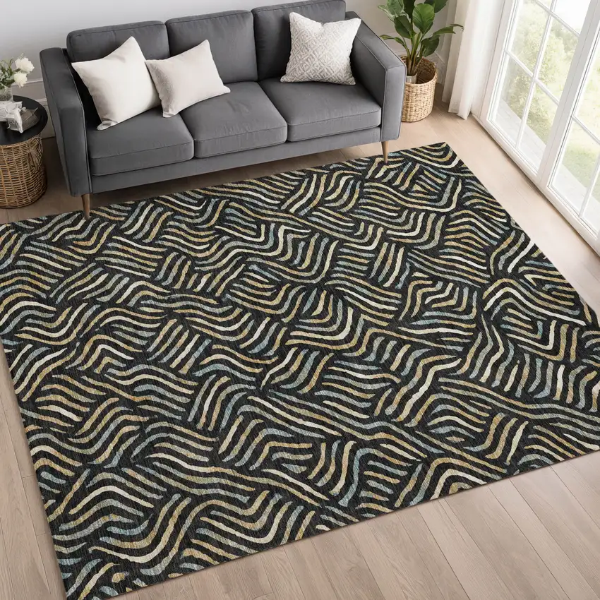 Black And Beige Abstract Washable Indoor Outdoor Area Rug Photo 6