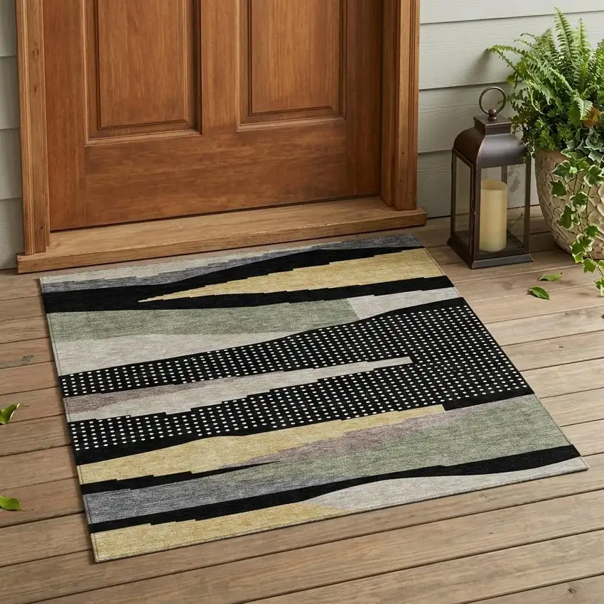 Black And Beige Abstract Washable Indoor Outdoor Area Rug Photo 1