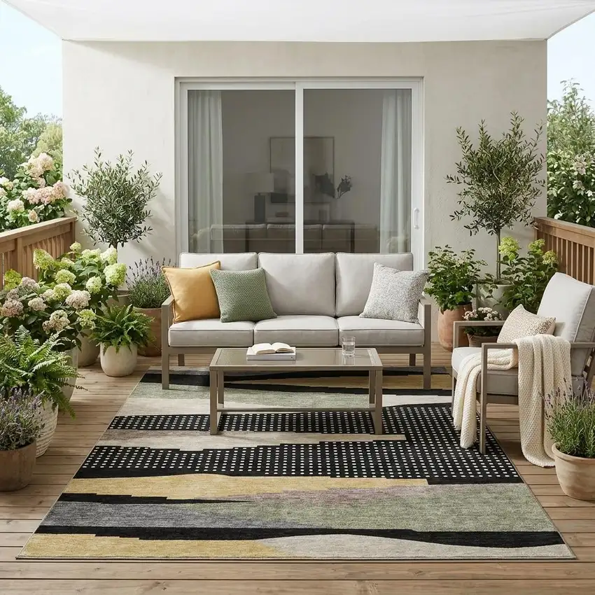 Black And Beige Abstract Washable Indoor Outdoor Area Rug Photo 1