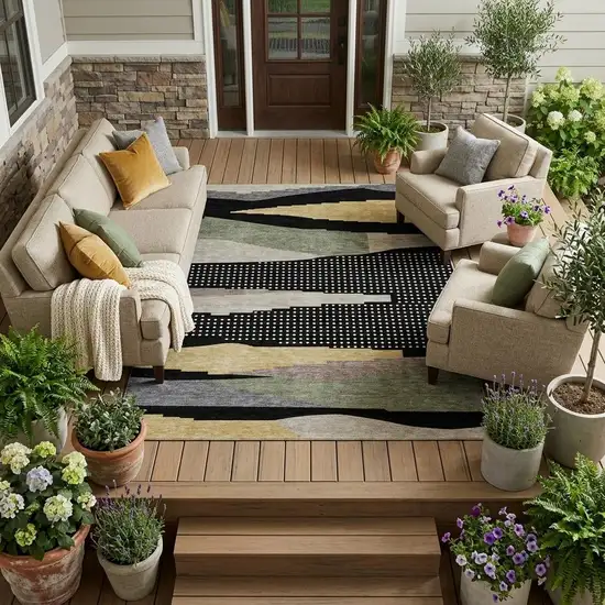 Black And Beige Abstract Washable Indoor Outdoor Area Rug Photo 1
