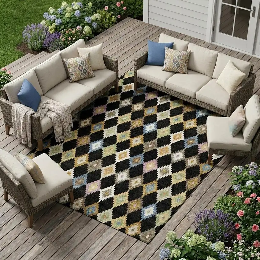 Black And Beige Aztec Washable Indoor Outdoor Area Rug Photo 1