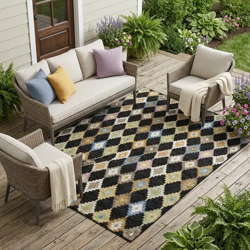 Black And Beige Aztec Washable Indoor Outdoor Area Rug Photo 1