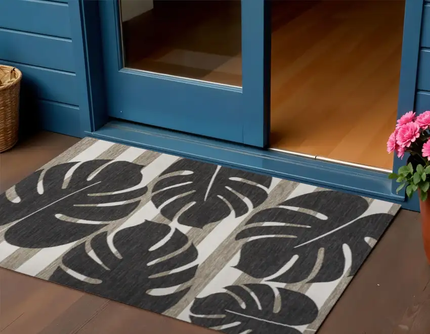 Black And Beige Floral Indoor Outdoor Area Rug Photo 1