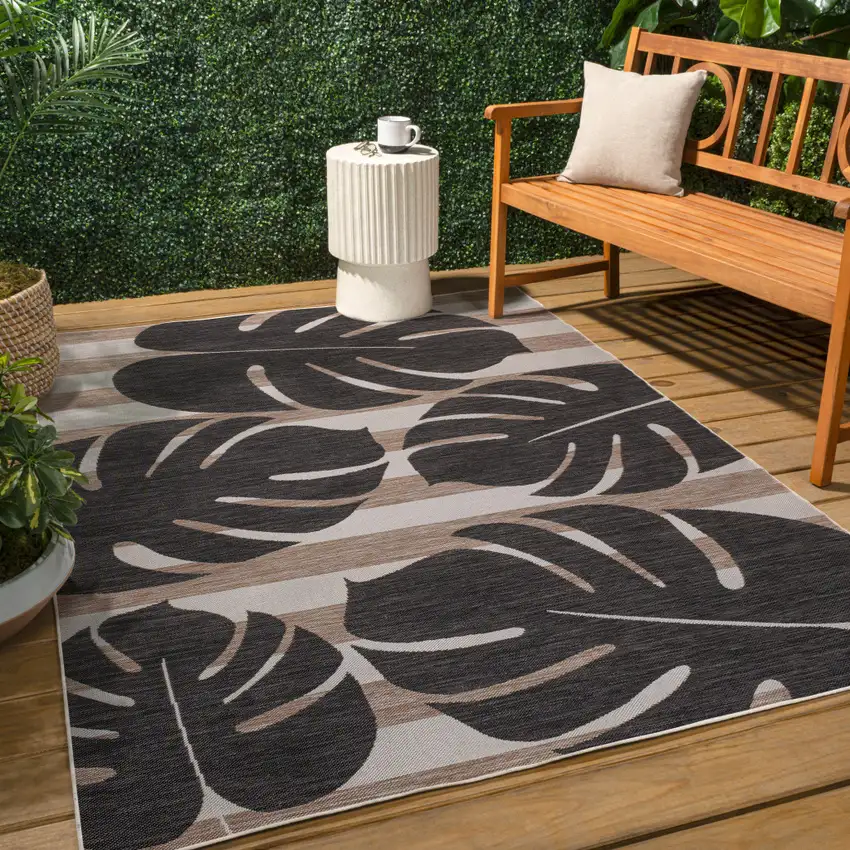 Black And Beige Floral Indoor Outdoor Area Rug Photo 5