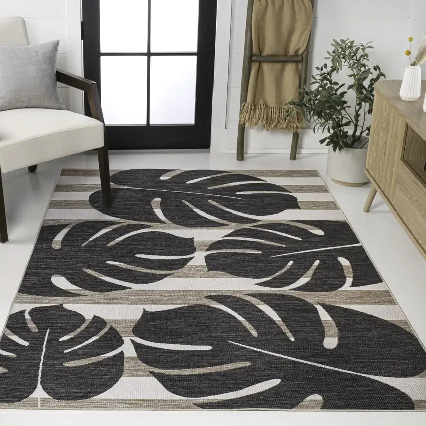 Black And Beige Floral Indoor Outdoor Area Rug Photo 6