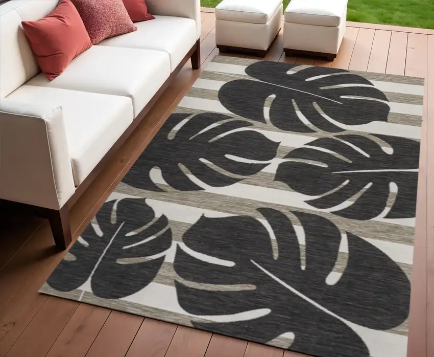 Black And Beige Floral Indoor Outdoor Area Rug Photo 1
