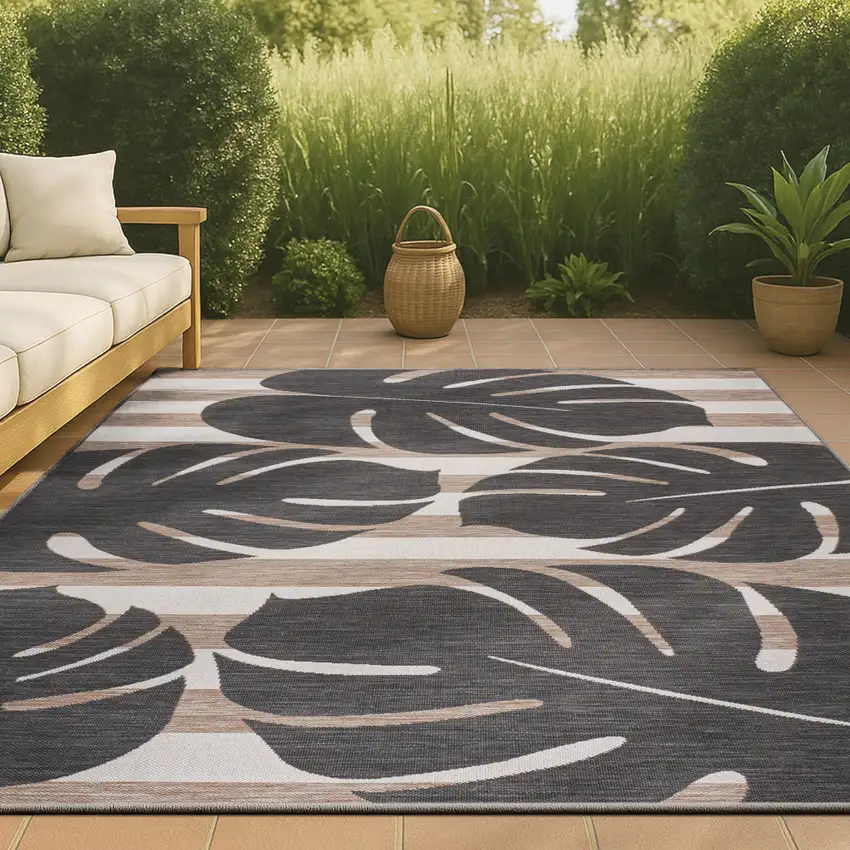 Black And Beige Floral Indoor Outdoor Area Rug Photo 2