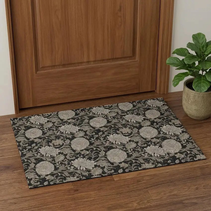 Black And Beige Floral Washable Area Rug With UV Protection Photo 1