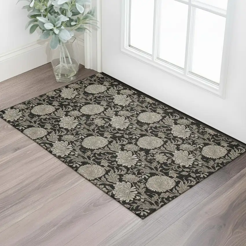 Black And Beige Floral Washable Area Rug With UV Protection Photo 1